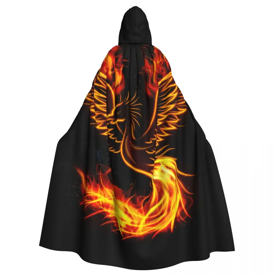 Long Cape Cloak Fire Burning Phoenix Birded s kabátom plášť jesenné kapucňu