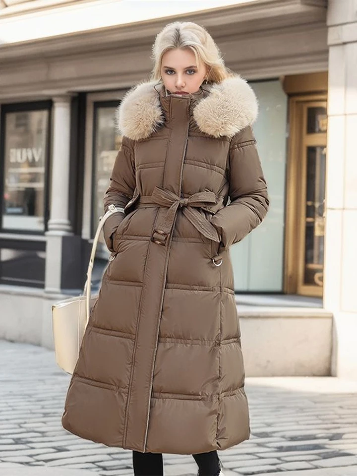 Long Down Coats Dámske kapucňové kapucne kožušina s opaskom zahustená žena vonku móda 2024 Zimná módna dáma Sneh Wears