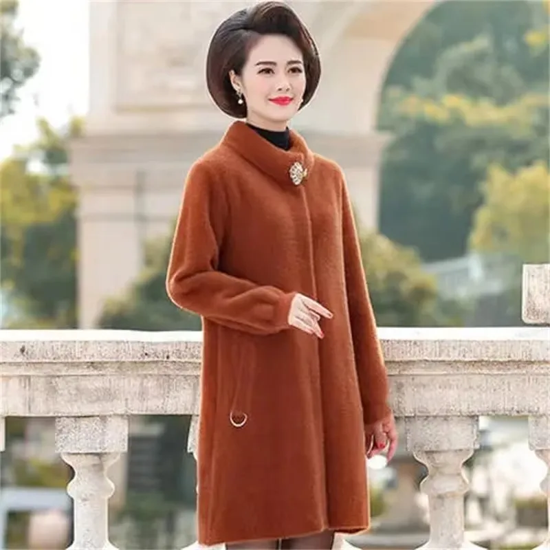 Long Mink Fleece Jacket Dámska 2024 Jeseň zima nová voľná veľkosť 4xl temperament vlnený kabát Matka Casaco Feminino Inverno