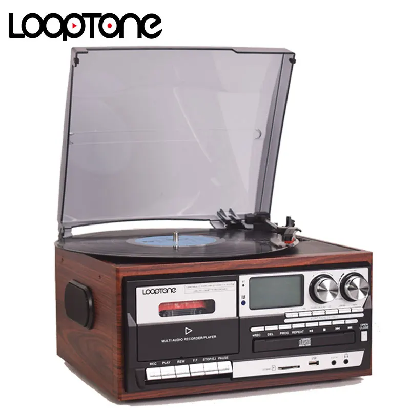 Looptone 3 Speed ​​Vinyl Record Player Vintage Traftable Bluetooth kompatibilný CD CASSETTE Player Reproduktor AM/FM Radio USB Recorder