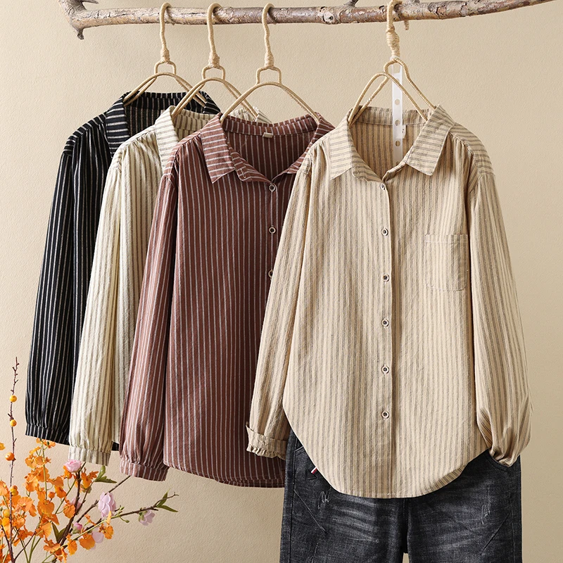 Loose Casy Cotton Dámska pruhová tlačiareň 2024 Jeseň Nová kvalita Žena blúzka a topy Lady Khaki Striped Tirls oblečenie