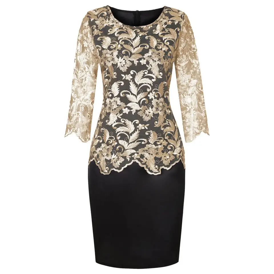 Loose Dámske šaty elegantná mama falošná dvojdielna sada O krk Half Ruckve Lace Bodycon koleno dĺžky obleky leto 2022