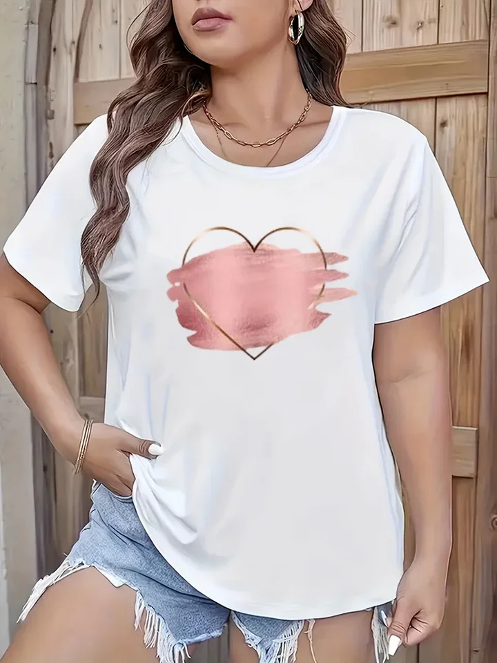 Loose Letný krátky rukáv okrúhly krk plus veľkosti Top Heart Tee tričko Luxe ženy vrcholy vo veľkých veľkostiach módne dámske oblečenie 2024