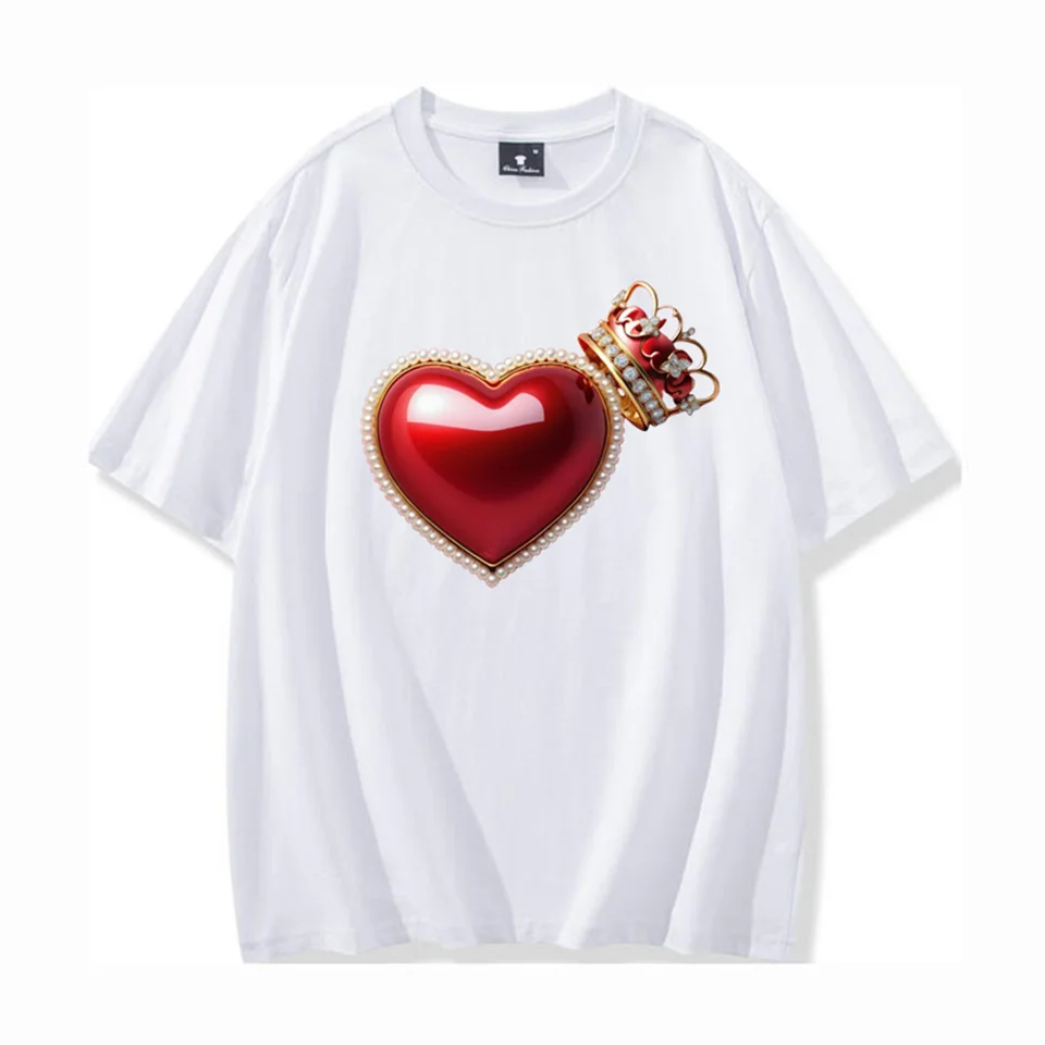 Loose S-5XL Plus veľkosť Valentína Koruna srdca Tlač okrúhly krk Krátky rukáv Mastá farba Tričko Trič