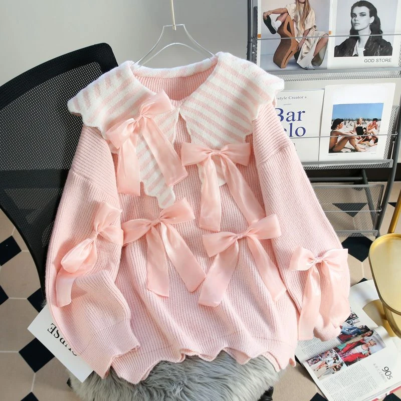 Loose Sveter Pullover Sveter Sueter Mujer Zimné oblečenie Ženy ružové pruhované pletené pletené vrcholy kórejské módne pull femme