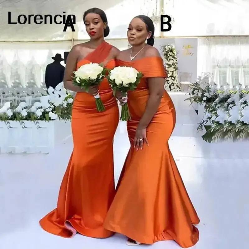 Lorencia Orange 2024 Dlhé družičky šaty V-krk na dĺžku podlahy Satin Satin Maid of Honor Lace Up Svadobné šaty YBD58