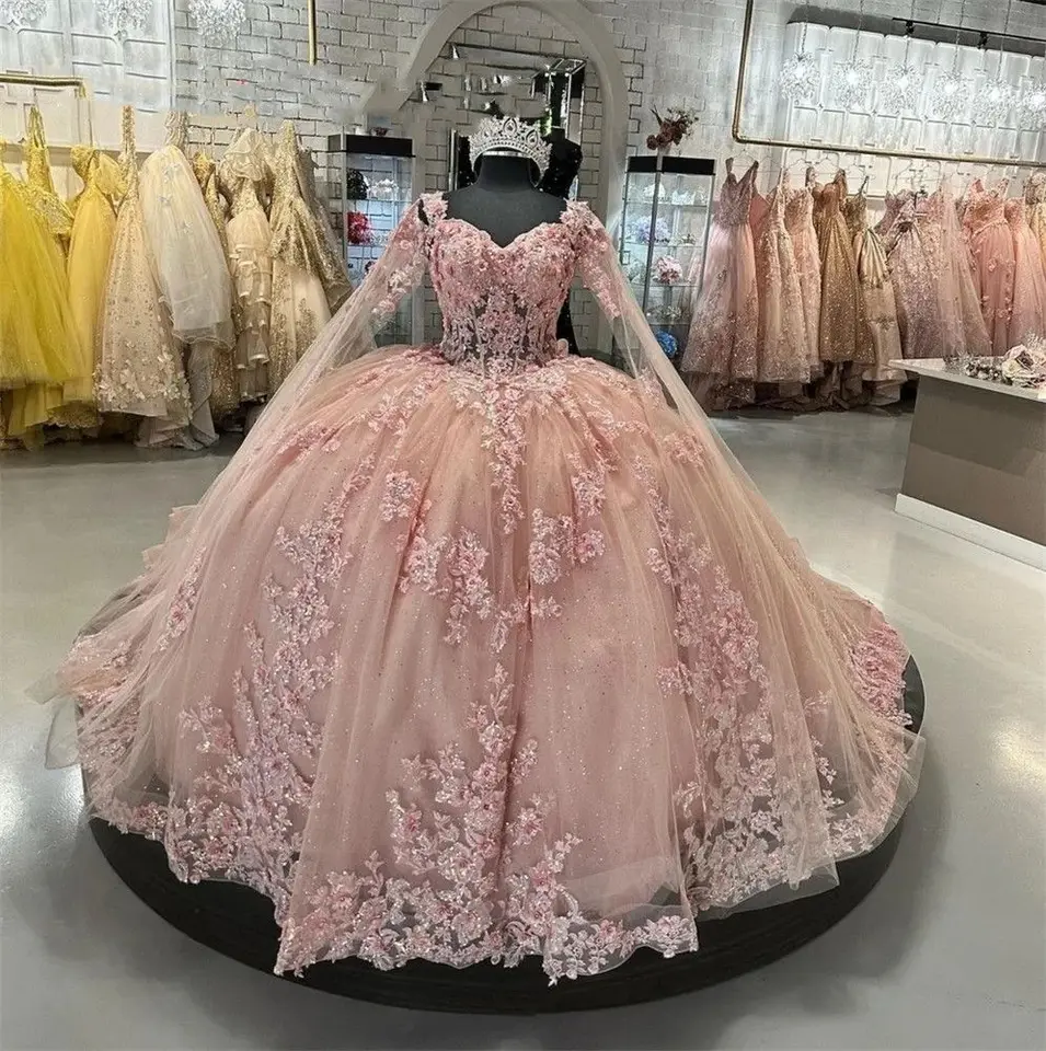 Lorencia princezná zlatíčko guľôčkové šaty quinceanera šaty s dlhým rukávom korálkové aplikacie večierky Vestidos de 15 Anos yqd146