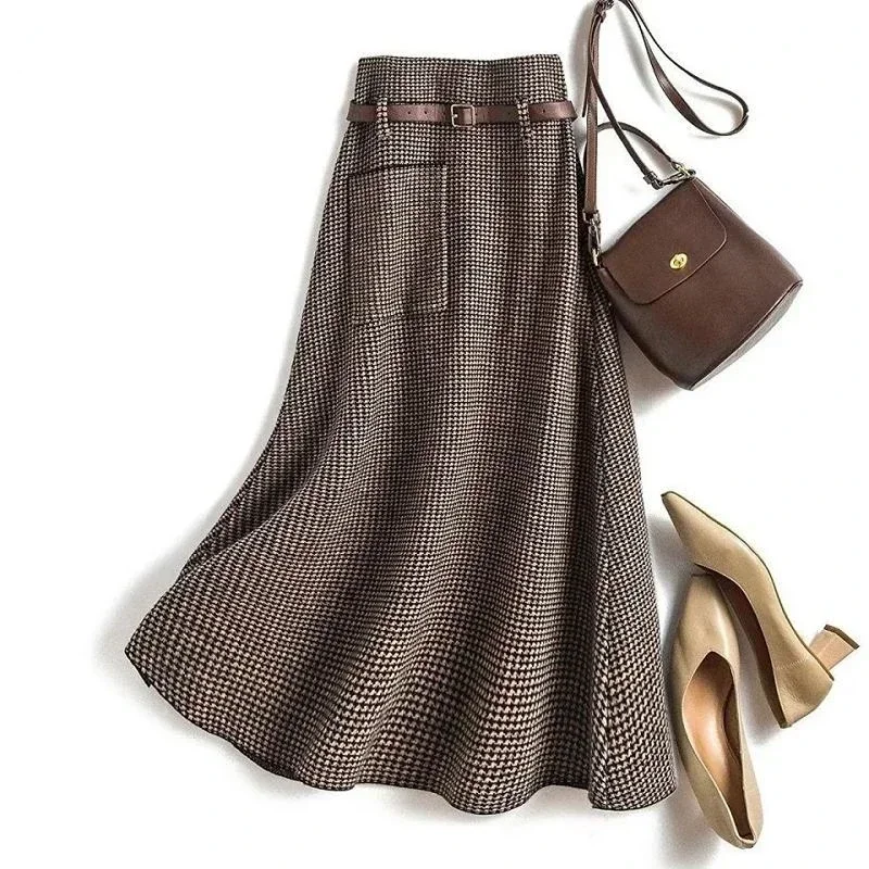 Loribindwood Plaid hnedé vinobranie pletené vlnené dámska sukňa Jeseň High Apar Belt A-line sukne s dlhými sukňami pre ženy Q131