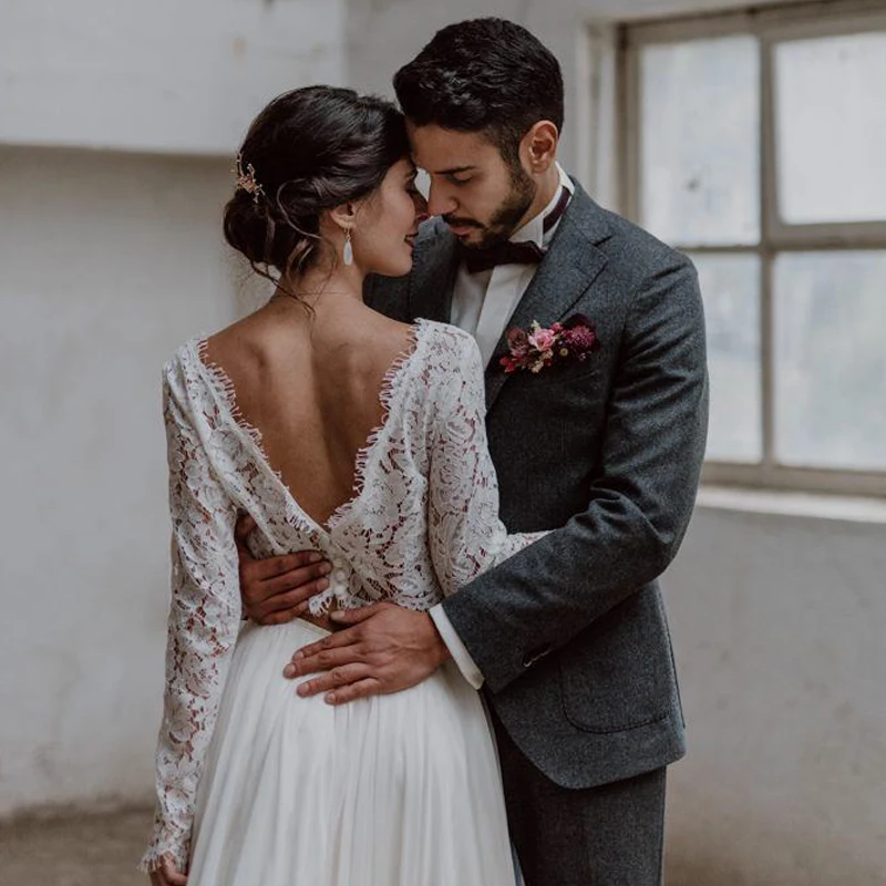 Lorie dva kusy svadobné šaty čipky Top a šifón boho bedless bride šaty s dlhým rukávom A-line Prispôsobené plážové svadobné šaty