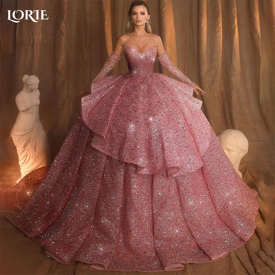 Lorie Empire Pink Glitter Svadobné šaty z ramena odstupňované voláčkami nafúknuté svadobné guľky s lesklými šatami pre rukávy