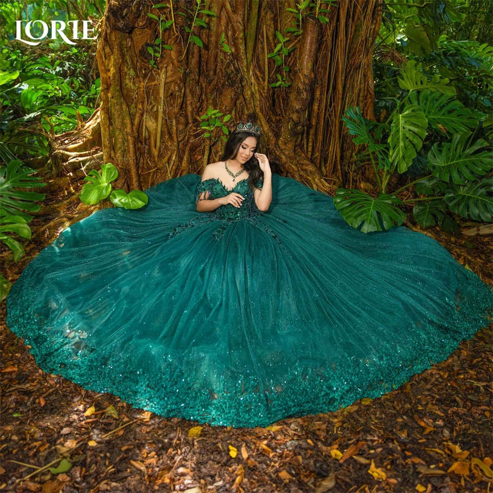 Lorie Fairy Forest Green Glitter Formálne plesové šaty čipky Lace Tassel Ball Leskiny večerné šaty