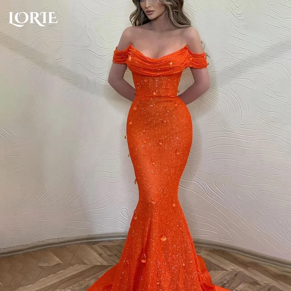 Lorie Orange Fliters Mermaid Večerné šaty Off-Ramer Shiny Bodycon Prom Dress Iskarne 2024 Svadobné šaty celebrity párty