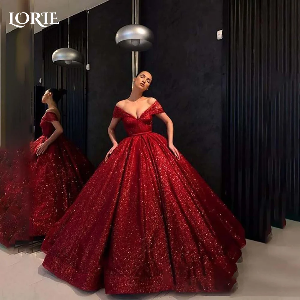 Lorie Red Shiny Formálne večerné šaty A-line jedným ramenným plesovým plášťom iskrivý Tulle V