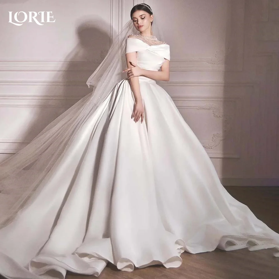 Lorie saténové dámske svadobné šaty mimo ramenných perly nevesty šaty na plážové nevesty šaty svadobné šaty Vestidos de Novia