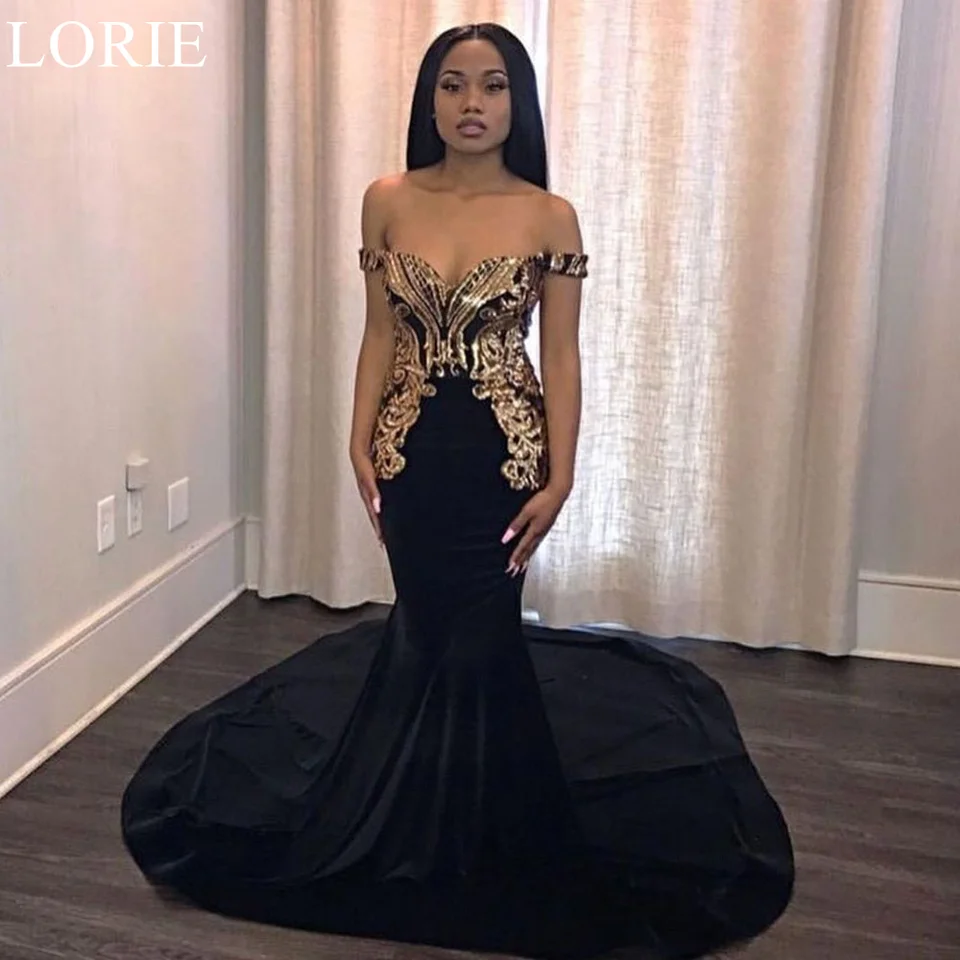 Lorie Sexy Gold Appliques Večerné šaty morská panna z ramena 2024 Glitter Black Prom Gowns pre špeciálne príležitosti na párty šaty