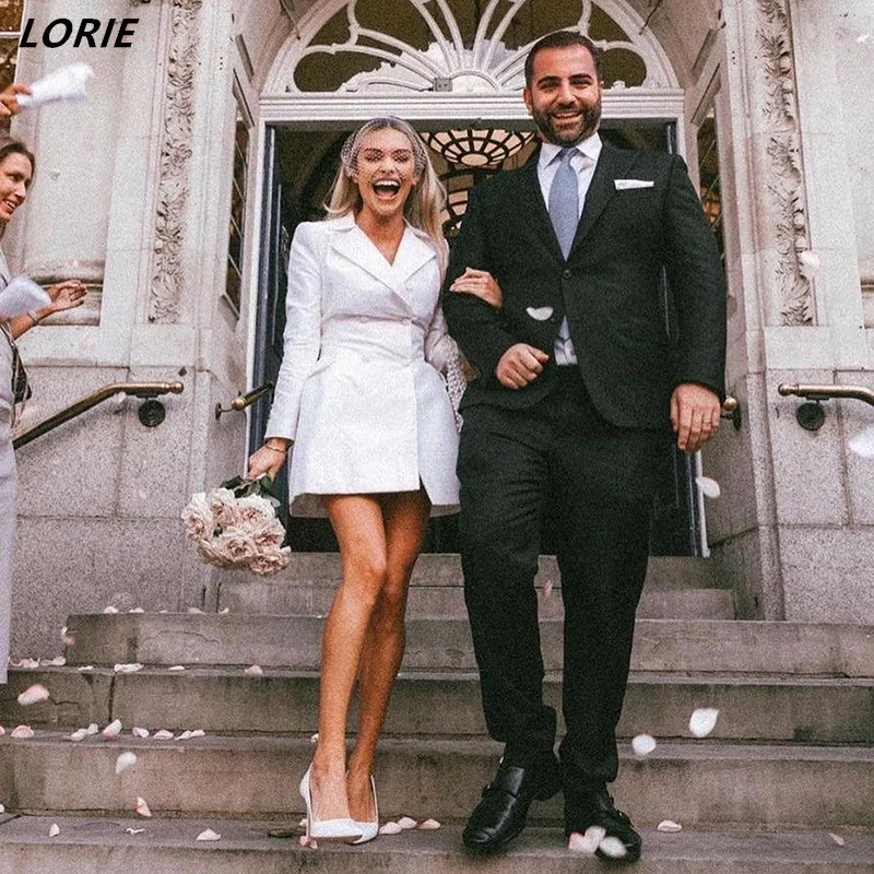 Lorie Vintage Mini White/Slonovina saténové svadobné šaty Nové V-krk dlhé rukávy Kancevis