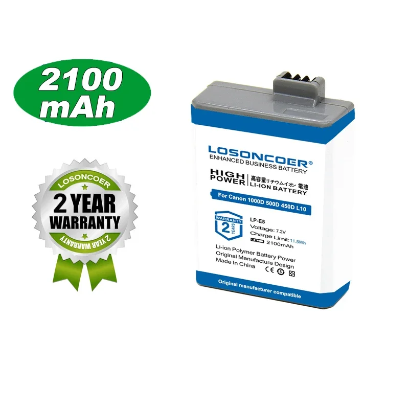 Losoncoer 2100MAH LP-E5 pre Canon EOS EOS Rebel XS, Rebel T1I, Rebel XSI, 1000D, 500D, 450D, L10 Camera Battery Kiss X2