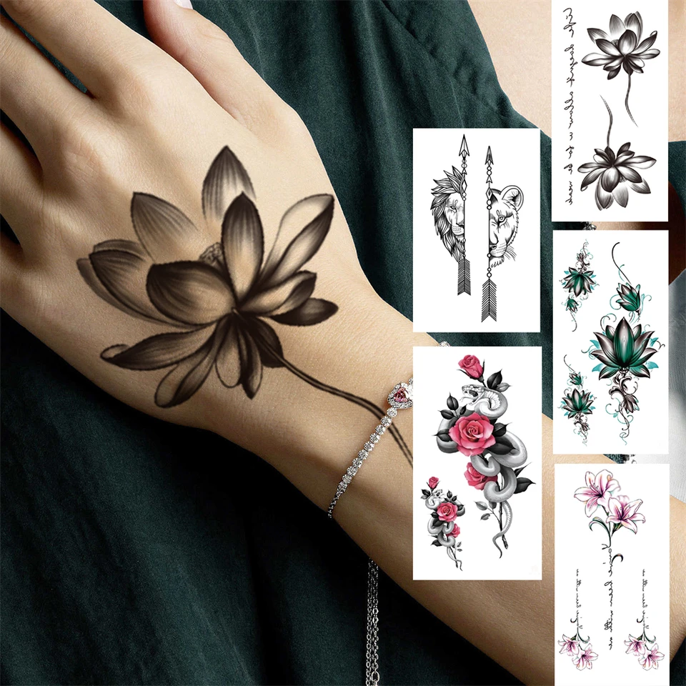 Lotus Flower Dočasné tetovanie pre ženy dievčatá hadi peony ružové reťaze tetovania nálepka čierny kvet falošný prenosný tatoo