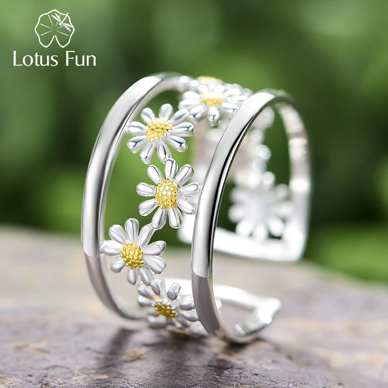 Lotus Fun Elegantné malé kvetiny Daisy nastaviteľné prstene pre ženy Real 925 Sterling Silver Original Luxury 18k zlaté jemné šperky