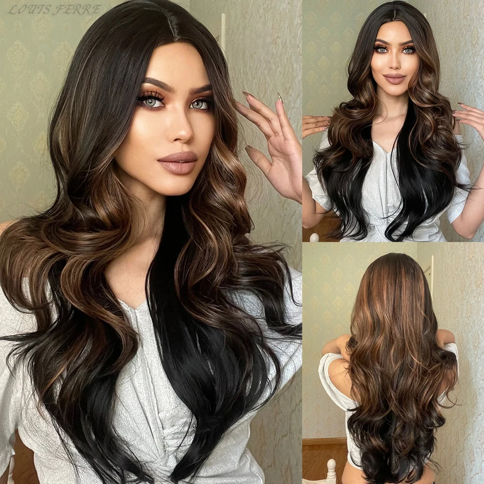 Louis Ferre Brown zvýrazňuje syntetickú parochňu pre ženy dlhé zvlnené kučeravé parochne prírodné vrstvené vlasy pre denné večierky používajú tepelne odolné