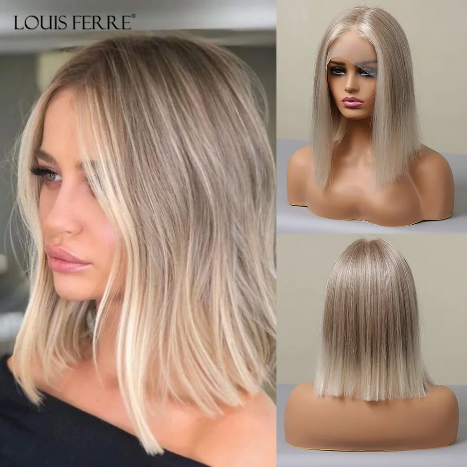 Louis Ferre Stručná priama prírodná čipka predná blondínka Syntetické parochne 13*1 T Part Ombre Blonde Dark Root Parochňa pre biele ženy Denne