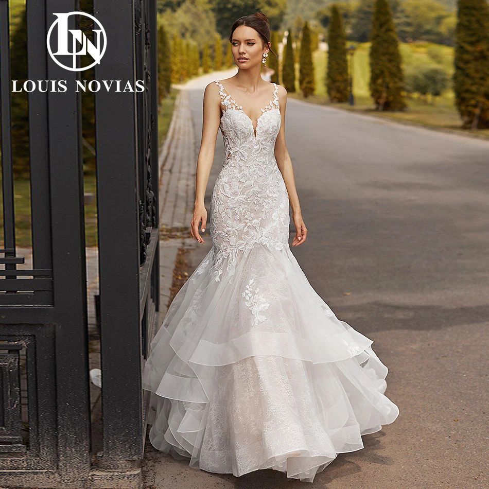 Louis Novias Mermaid Svadobné šaty zlatíčko špagety popruhy výšivky ilúzia súdu vlak Svadobné šaty Vestidos de novia
