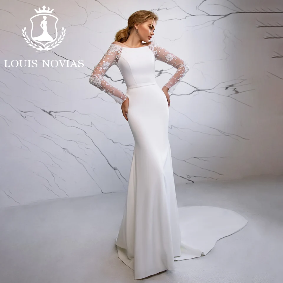 Louis novias morská panna s dlhým rukávom Svadobné šaty Sexy očarujúce šablóna na krk