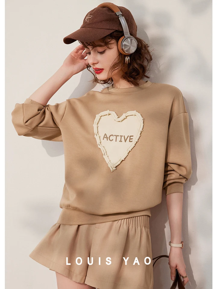 Louis Yao Dámsky mikina okrúhly krk dlhý rukáv 2024 Spring Loose Fit Fit Drop Rougle Raceve Love Shat Pullover Top