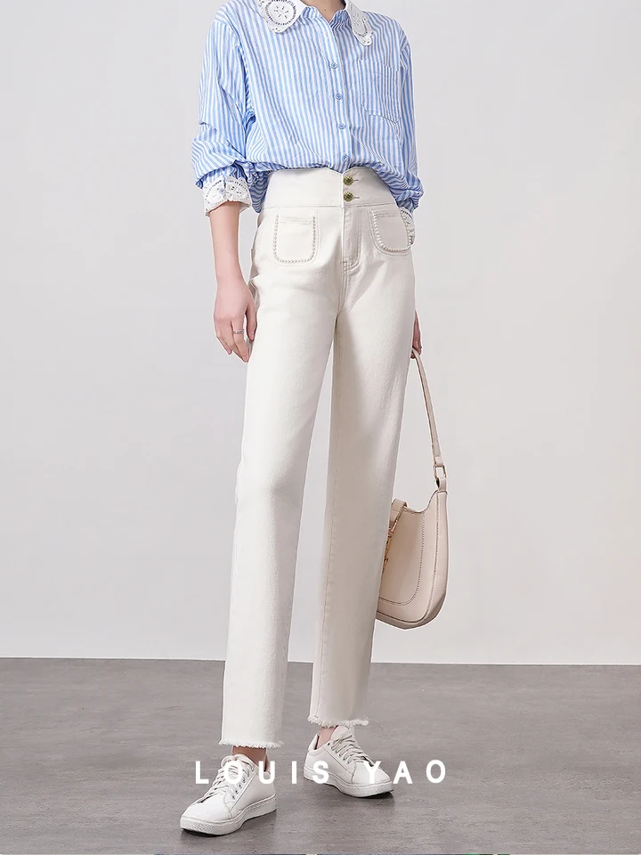 Louis Yao Women Denim Pants 2024 Jar Nové elegantné rovné orezané džínsy módne módne náhodné náhodné malé nohavice s malými nohavicami