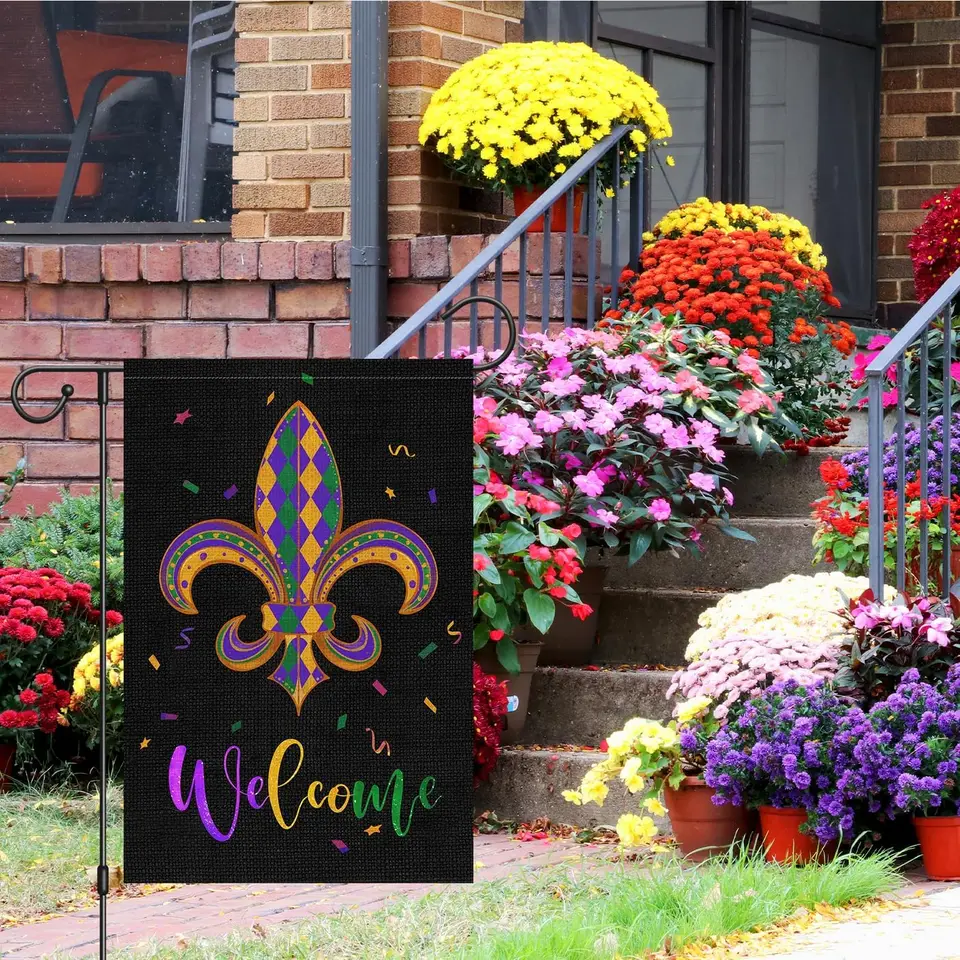 Louise Maysles Mardi Gras Fleur de Lis Garden Vlaj 12x18 obojstranná vertikálna vertikálna, pytlová malá vítaná