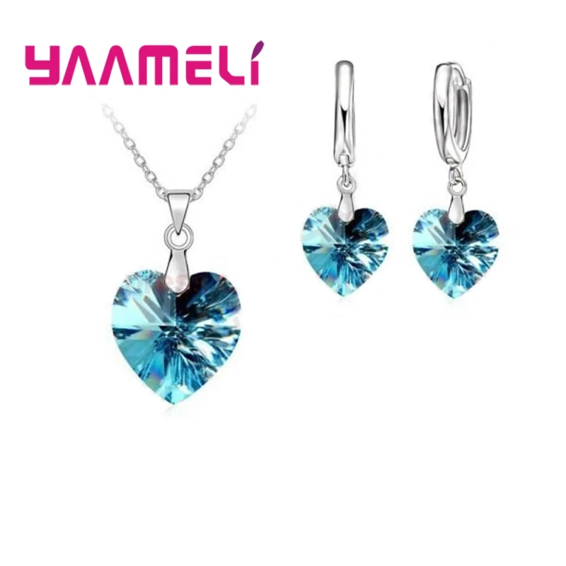 Love Heart Shape Ženy 925 Sterling Silver Svadobné šperky súpravy pre svadobné módne krištáľové prívesky náhrdelníkov náušnice
