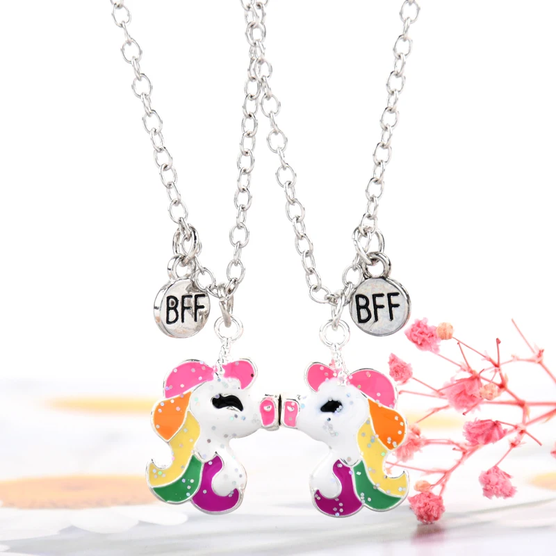 Lovecryst 2pcs/Set Cute Creasful Kiss Unicorn Najlepší priatelia náhrdelník Zliatina Kvapkanie olej Magnetické pre deti Dievčatá Darčeky priateľstva