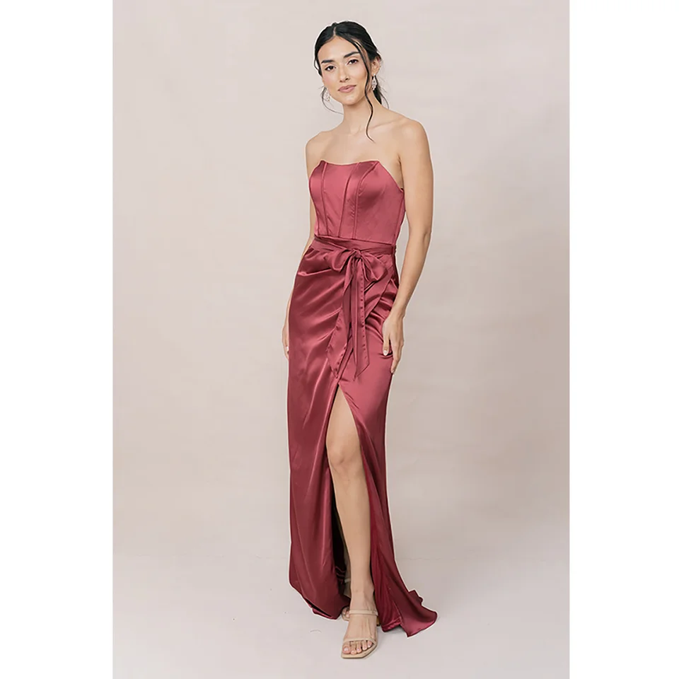 Lovedoris družička Šaty vysoké rozdelené večerné šaty dlhé saténové rukávy bez rukávov Prom Prom Dress Slim Fit Grown Prispôsobenie