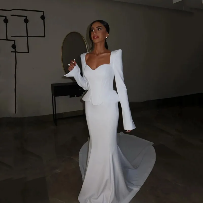 Lovedress Simple Mermaid Satin Svadobné šaty skladané dlhé rukávy Sexy backless Lace Up Bride Sweep Sweet Train Vestido Prispôsobené