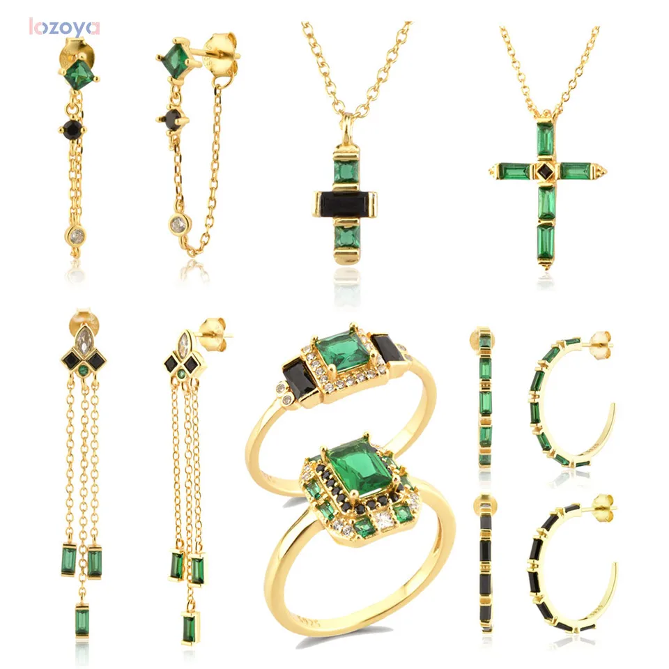 Lozoya 925 Sterling Silver Gold Sabrina zirkón Zelený čierny náušnica náušnice Krížový prsteň prsteň šperky set Alllo Fino Jewels