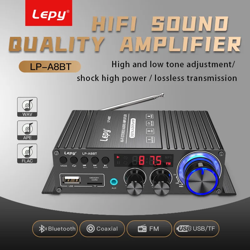 LP-A8BT Bluetooth 5.0 Koaxiálny dekódovací zosilňovač FM USB TF Funkcia Podpora WAV/APE/FLAC bezstratová hudba 3x30W