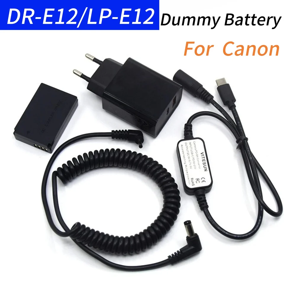 LP-E12 DUM) DUM) DR-E12 DC Spojka+PD QC nabíjačka+DC USB C kábel+pružinový kábel pre CANON EOS M M2 M10 M50 M100 M200 KAMERA