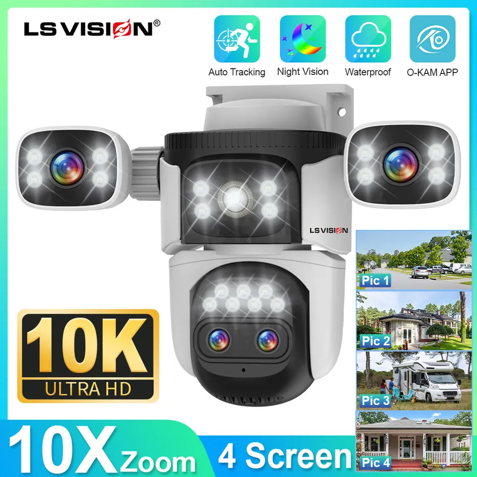 LS Vision 20MP 4*Obrazovky Domáce sledovanie WiFi Camera 10x Zoom Outdoor Durveillance Camera IP PTZ Automatické sledovanie Security CCTV