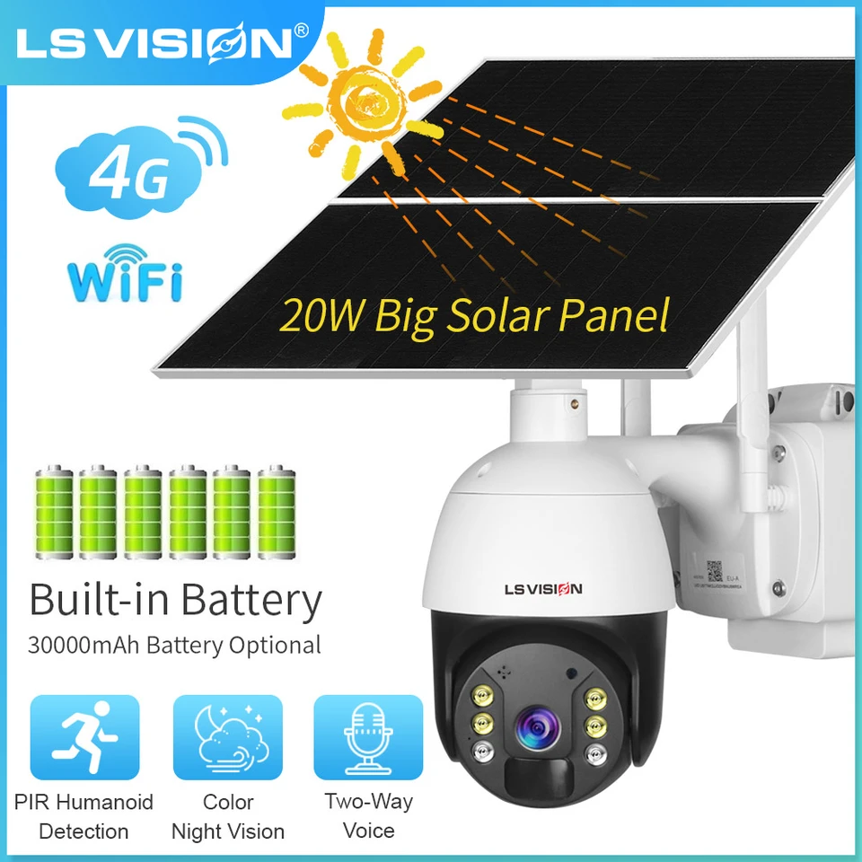LS Vision 20W 4G WiFi Solárna kamera Outdoor 24/7 Record Wireless 30000MAH dlhá pohotovostná batéria 2K PTZ Witerproof Security Camera