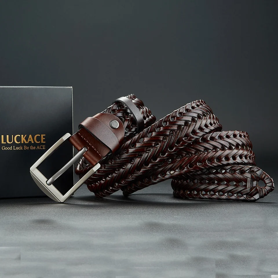 Luckace originálne kožené cowhide Príležitostné pánske opasok, módny pletený pás s zliatinovou sponou, darček pre priateľa/manžela/otca