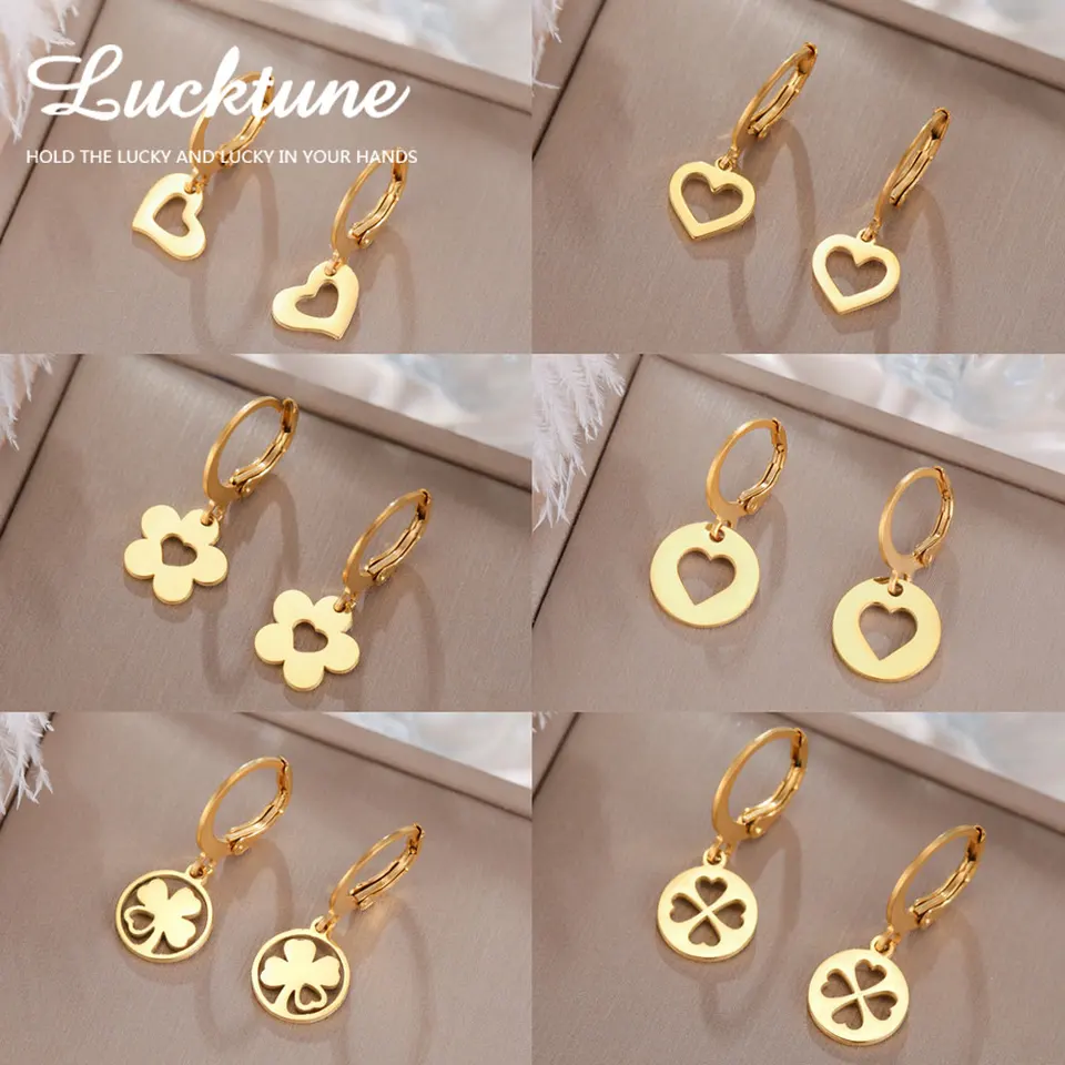 Lucktune Hollow Heart Hoop náušnice z nehrdzavejúcej ocele Roztomilý kvetinový srdce Štvorlístoký ďatelina prívesok náušnice pre ženy Darčeky šperkov