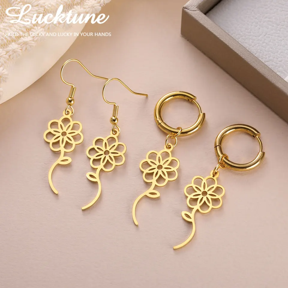Lucktune Nový módny asymetrický náušnice pre ženy Elegantné zlaté farebné kvety Dangle náušnice doplnky šperky darček