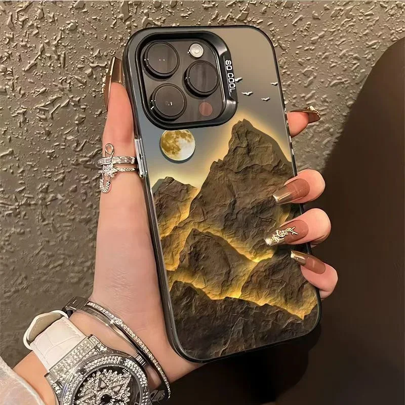 Lucky Golden Mountain Electroplate Silver IMD puzdro pre iPhone 16 15 14 13 12 11 Pro Max xs xr x SE 2 3 7 8 plus matný tvrdý obal