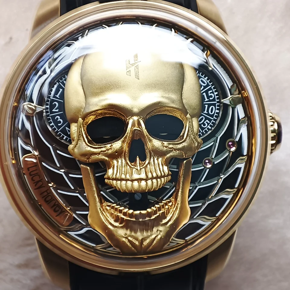 Lucky Harvey 3D Skull Dial Watch for Men Limited Edition Automatické mechanické hodinky pohyblivé ústa oči žiarivých príležitostných mužov hodinky