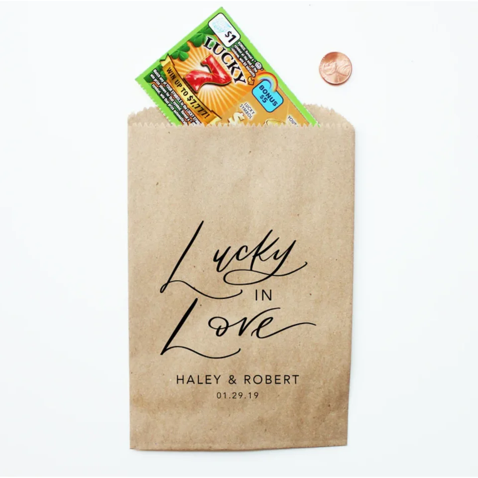 Lucky In Love Scratch Ticket Svadobné tašky - Lotto Ticket Bags - Lottery Lickets Wedding Fun Svadobná sprcha láskavosť nápad