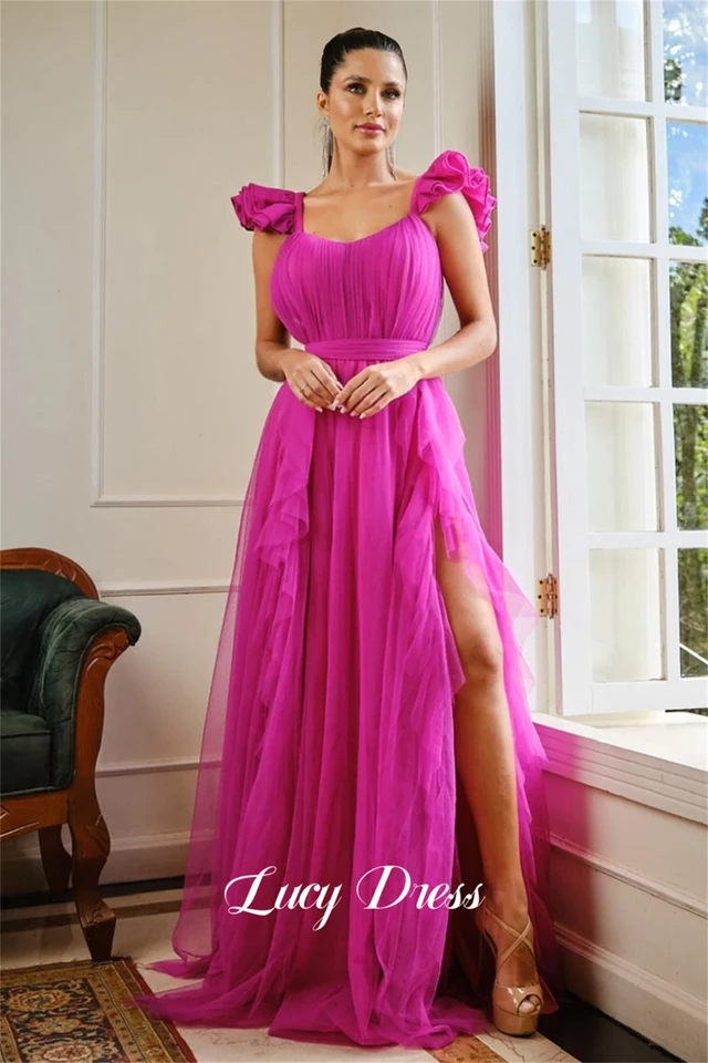 Lucy Line Party šaty ples Slit Rose Red Mesh Luxusné šaty Ženy 2024 Večerné šaty loptové šaty Elegantné ženy Gala