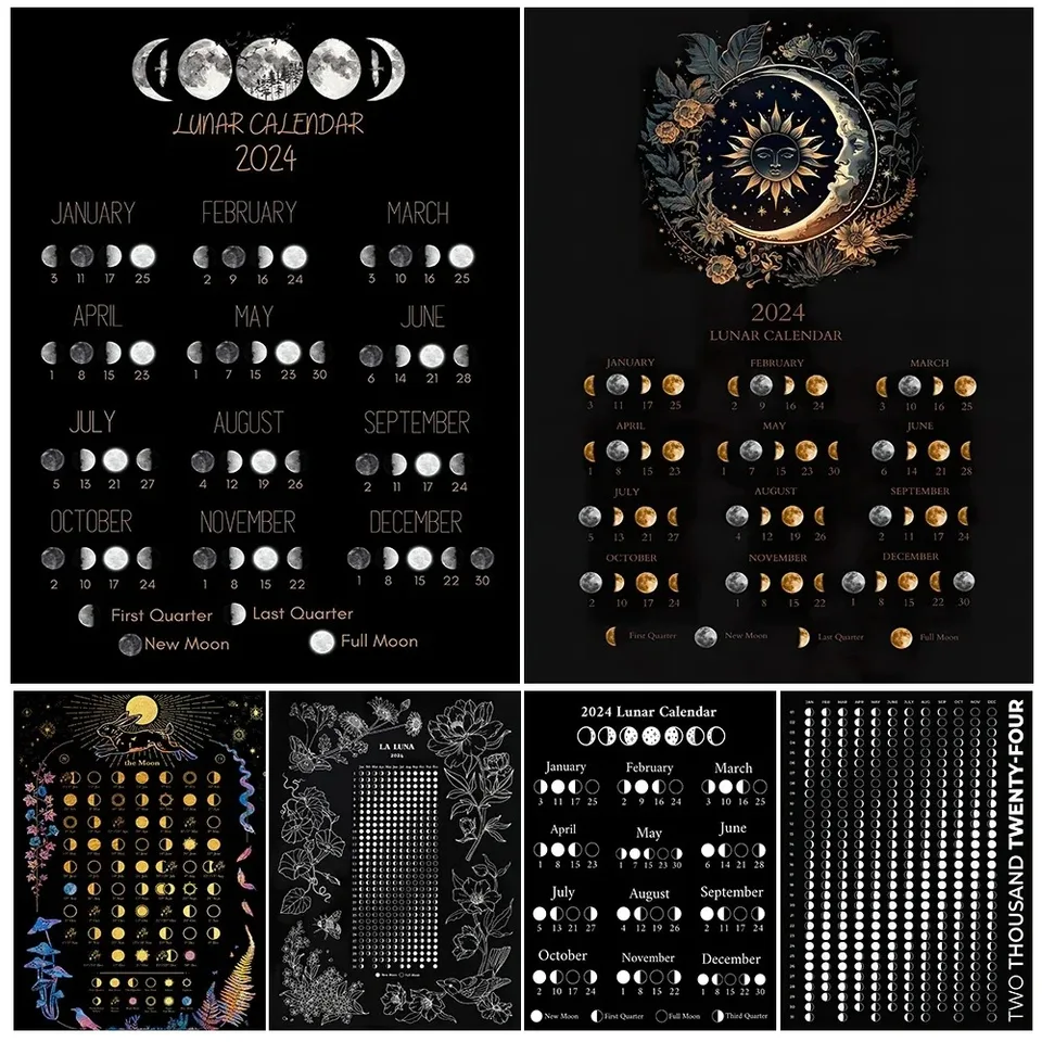 Lunárny kalendár 2024 Moon fáza nástenné umenie Canvas maľba Wicca Calendar 2024 Art Plagát a tlače čarodejnícke dekorácie Unbramed