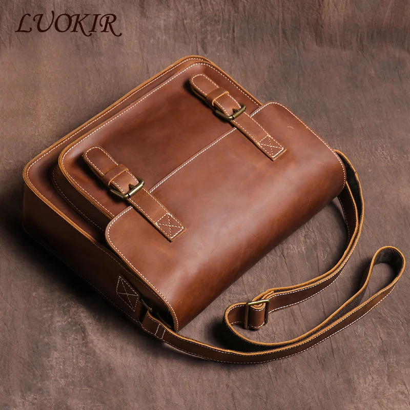 Luokir Retro Messenger Bag Crazy Horse Loather Bag Bag Pánske kožené kože Crossbody Locomotive Bag Classic Cambridge Bag