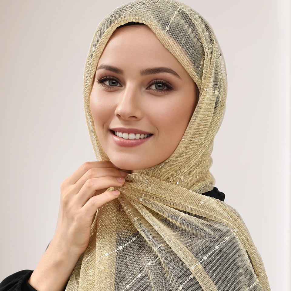 Lurex Glitter Gold Con Women Moslim Shimmer Hidžab Solid Colorf Sathe Sathe Leskarf Lesks Shawls Islamská pašmina Bandana Fould Femme
