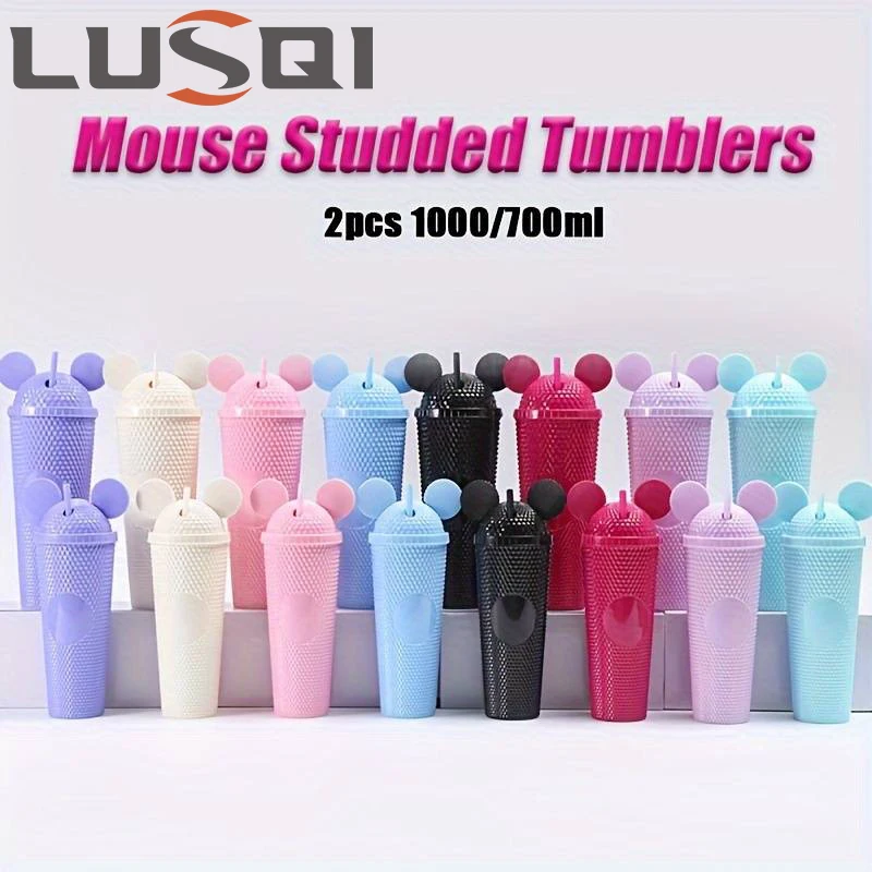 LUSQI 2KS/SET Fľaše s vodou s hrotovanými vekami uší myši Veľké a malé šálky vody Summer Winter Drinkware so slamami